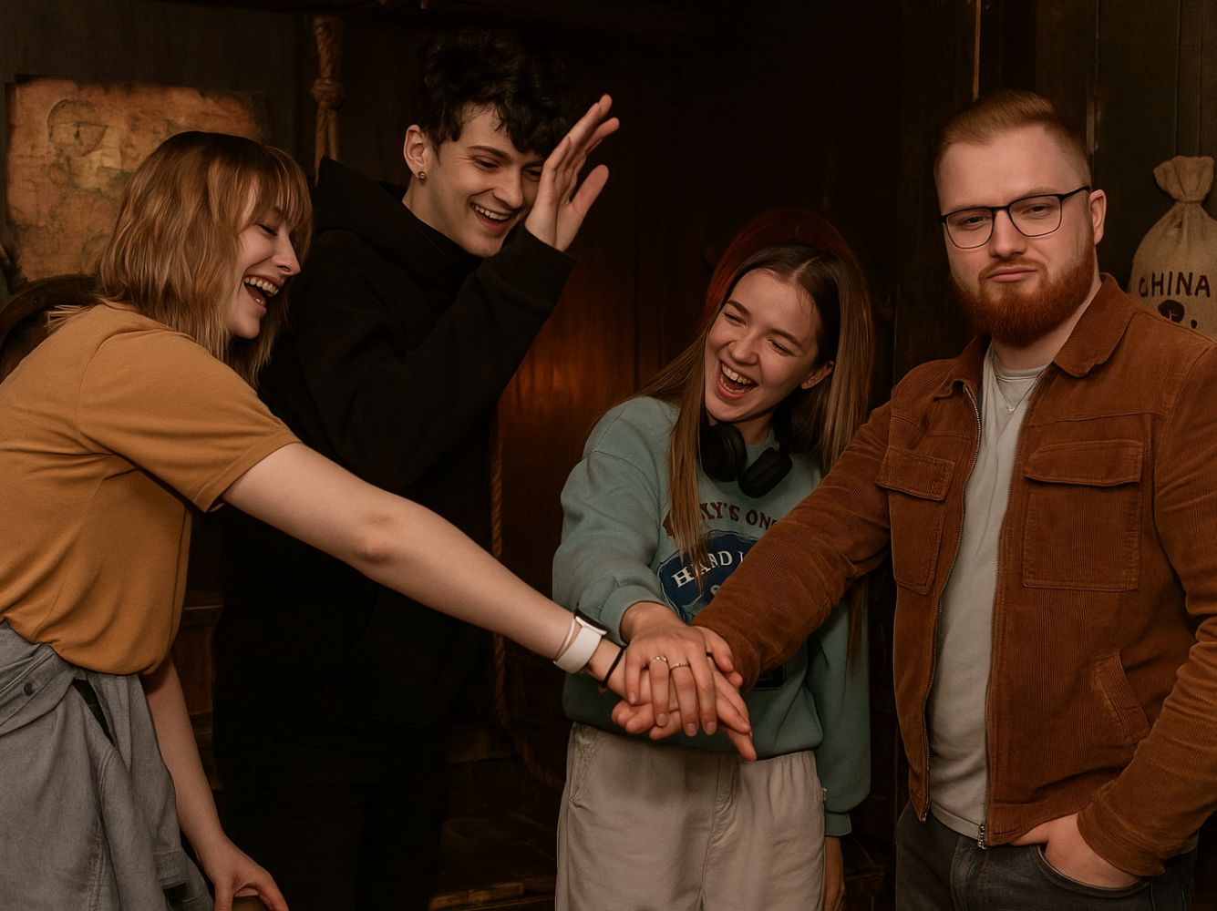 Equipo trabajando en un escape room pirata